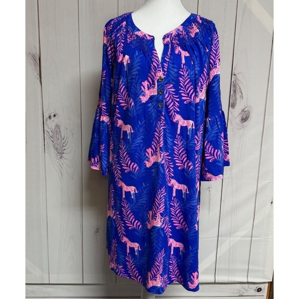 Lilly Pulitzer Teigen Dress Large Royal Purple Dazzle Pink Zebra 3/4 Sleeve